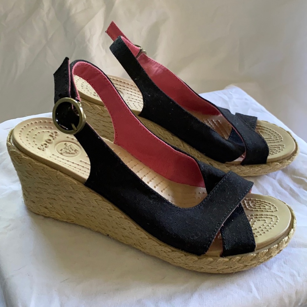 Crocs Black canvas sandal wedges